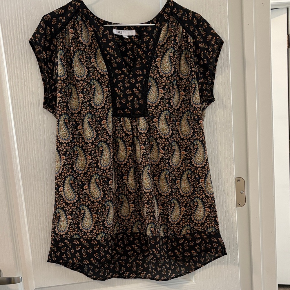 DR2 Black and Gold Paisley Blouse with Coordinating Trim and Detail